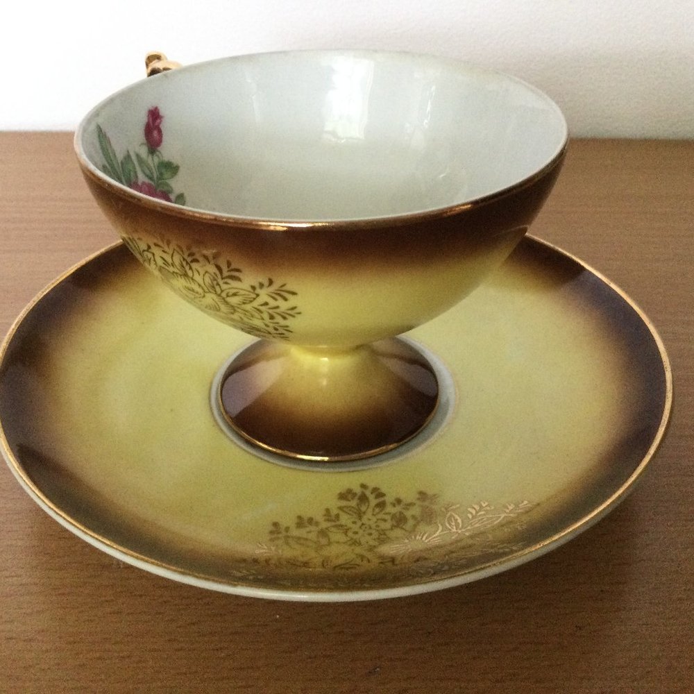 Castle Japan China Tea Cup and Saucer Set Vintage Japanese gold yellow floral